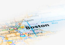 Close-up of a map highlighting Boston, Massachusetts