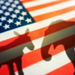Democrats Shocked — Trump Wins Again Donkey and elephant shadows on American flag background