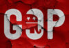 Cracked GOP logo on a red background.