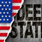 BOMBSHELL: Comey, James Walk Free A torn paper effect revealing the words DEEP STATE against a backdrop of the American flag