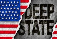 A torn paper effect revealing the words DEEP STATE against a backdrop of the American flag