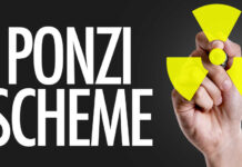A hand holding a yellow marker drawing a radioactive symbol next to the text 'PONZI SCHEME'