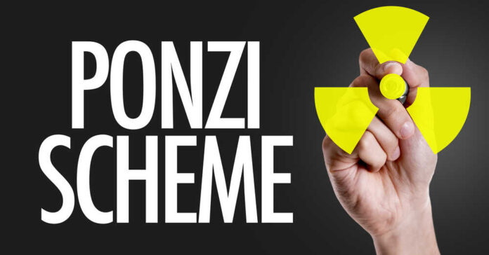 shutterstock_385400743.jpg A hand holding a yellow marker drawing a radioactive symbol next to the text 'PONZI SCHEME'