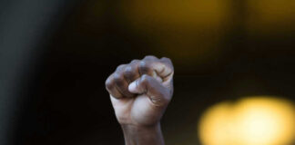 Raised fist in front of blurred background.