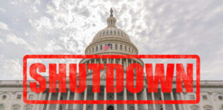 U.S. Capitol building with a red 'SHUTDOWN' overlay