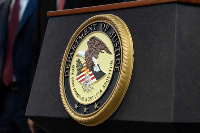 Department of Justice seal on a podium.