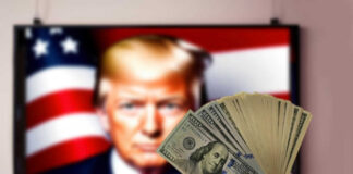 Hand holding cash in front of American flag background with Donald Trumps face