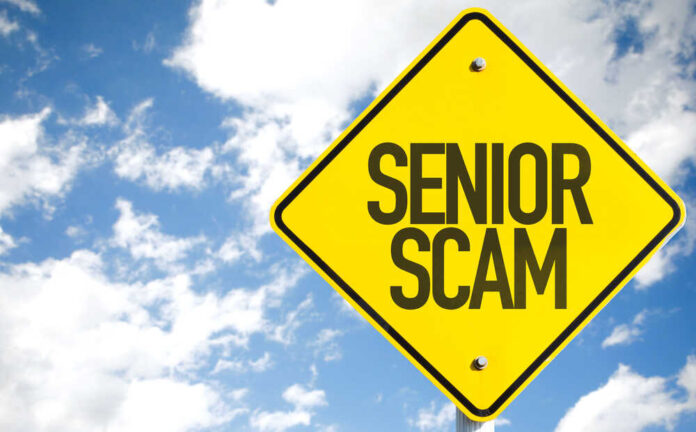 shutterstock_319833920.jpg Yellow warning sign displaying 'SENIOR SCAM' against a blue sky