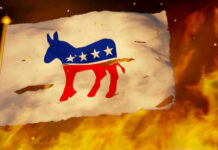 Torn Democratic flag burning amid flames and embers.