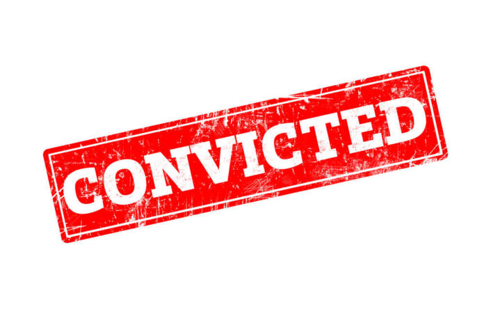 Red stamp with the word 'CONVICTED' in bold white letters