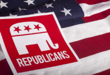 Republican symbol on American flag background.