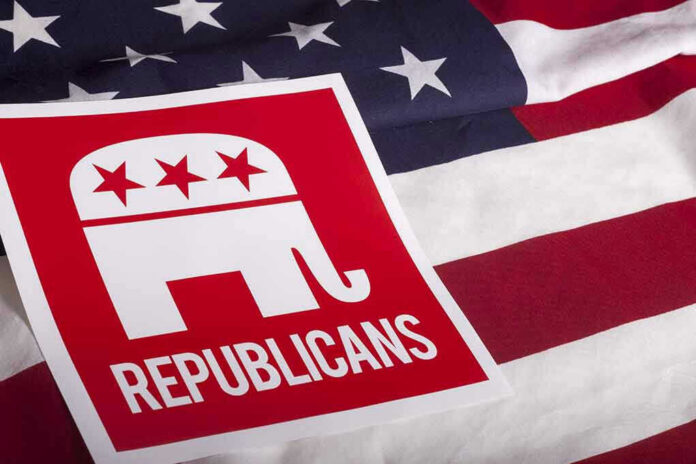 305852225 Republican symbol on American flag background.