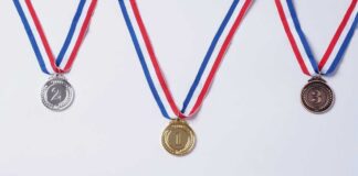 Three medals representing first, second, and third place