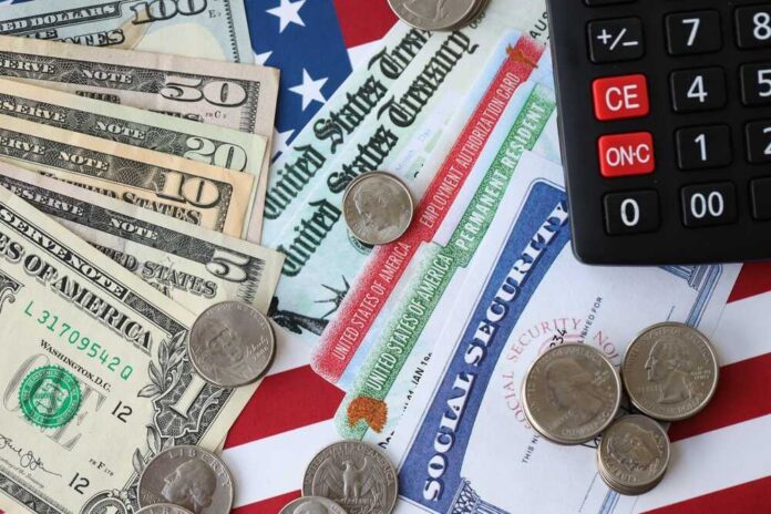 Various denominations of U.S. currency and financial documents on a flag background