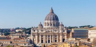 St. Peter's Basilica in Rome with a clear blue sky