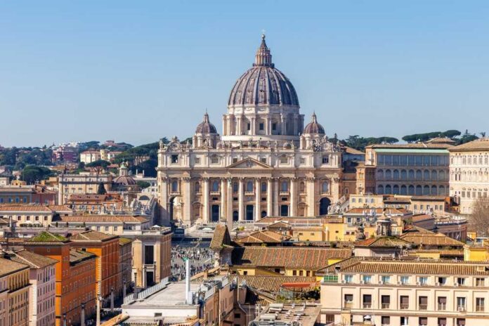 St. Peter's Basilica in Rome with a clear blue sky