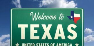 Welcome sign for Texas with the state flag