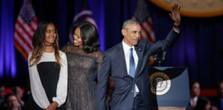 Malia, Michelle and Barack Obama