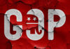 Cracked GOP logo on a red background.