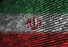 Abstract representation of the Iranian flag overlaid with programming code