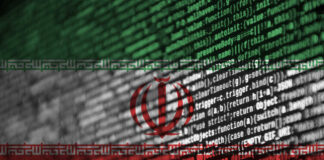 Abstract representation of the Iranian flag overlaid with programming code