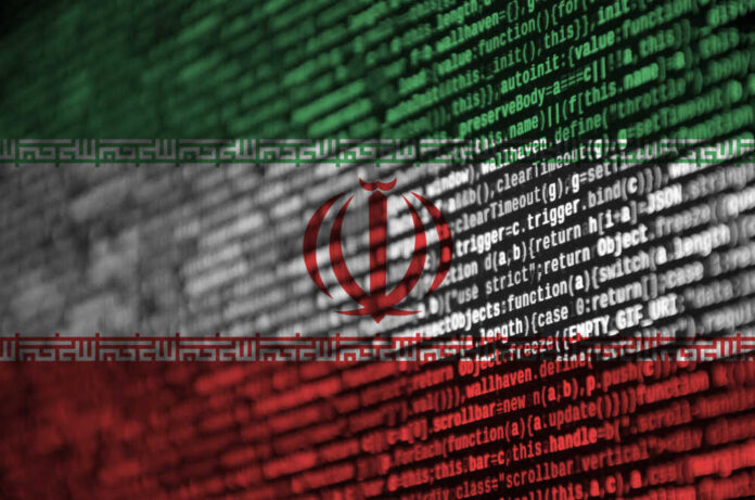 Abstract representation of the Iranian flag overlaid with programming code