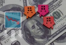 Colorful house icons on a background of hundred dollar bills with a downward trend graph