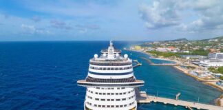 A large cruise ship docked near a tropical coastline