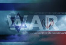 Graphic representation of war between Israel and Iran with symbolic elements