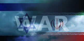 Graphic representation of war between Israel and Iran with symbolic elements