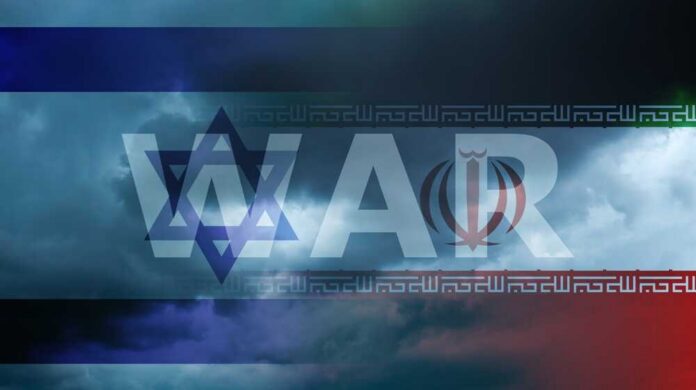 Graphic representation of war between Israel and Iran with symbolic elements