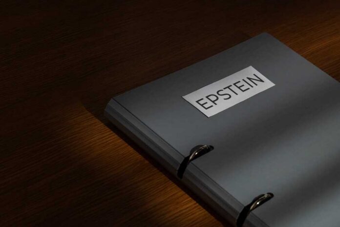 shutterstock_2734631369.jpg A gray folder labeled 'EPSTEIN' resting on a wooden surface