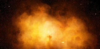 Bright orange cosmic explosion in space with stars around.