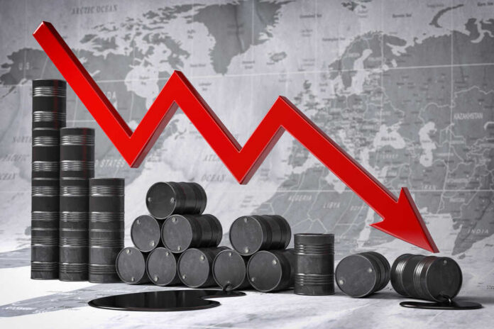 Graph depicting a decline in oil prices with barrels in the foreground
