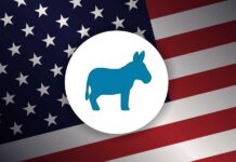 Blue donkey symbol on a background of the American flag