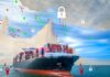 Cargo ship navigating through a digital map with security icons
