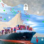 Cargo ship navigating through a digital map with security icons