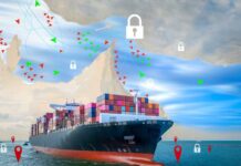 Cargo ship navigating through a digital map with security icons