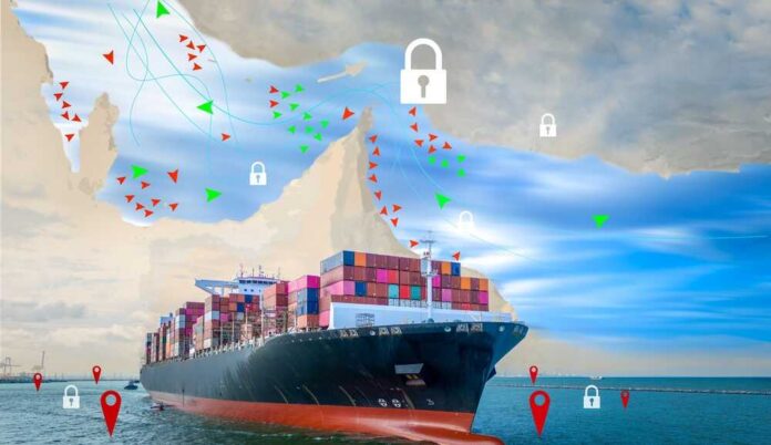 Cargo ship navigating through a digital map with security icons