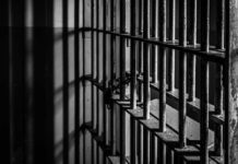 Rusty prison cell bars in dim lighting.