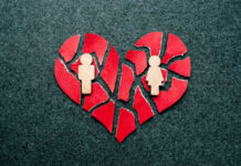 A broken heart made of red paper with wooden figures representing a couple
