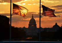 Senators’ Pay Cut Trick EXPOSED! Silhouetted American flags in front of the Capitol building during sunset