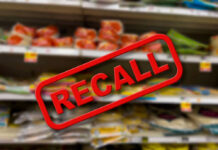 17-State Food Recall Shocker! Recall notice over grocery store shelves.