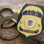 ICE Officer BUSTED for Assault and Lies? ICE officer badge next to handcuffs on a wooden surface