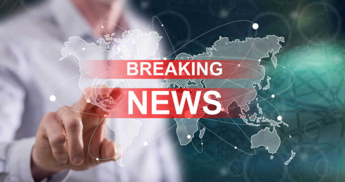 shutterstock_1357251539 Breaking news graphic over world map background.
