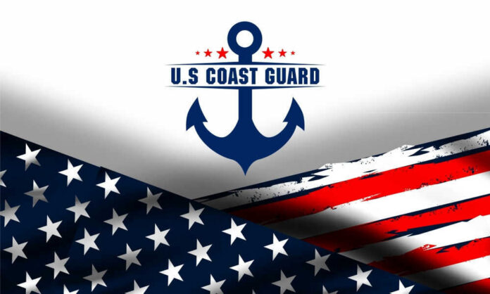 US Coast Guard emblem with American flag background