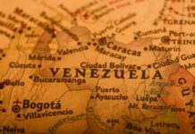 Close-up of a map highlighting Venezuela and surrounding regions