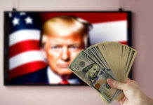 Taxpayer Slush Fund? Trump Allies Cash In? Hand holding cash in front of American flag background with Donald Trumps face