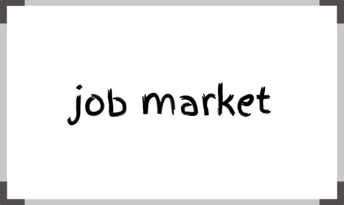 Job,Market,Term,On,Whiteboard Handwritten phrase 'job market' on a white background