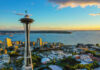 Space Needle overlooking Seattle waterfront at sunset